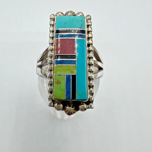 Vintage Native American Sterling Silver Stone Inlay Ring - Size 8